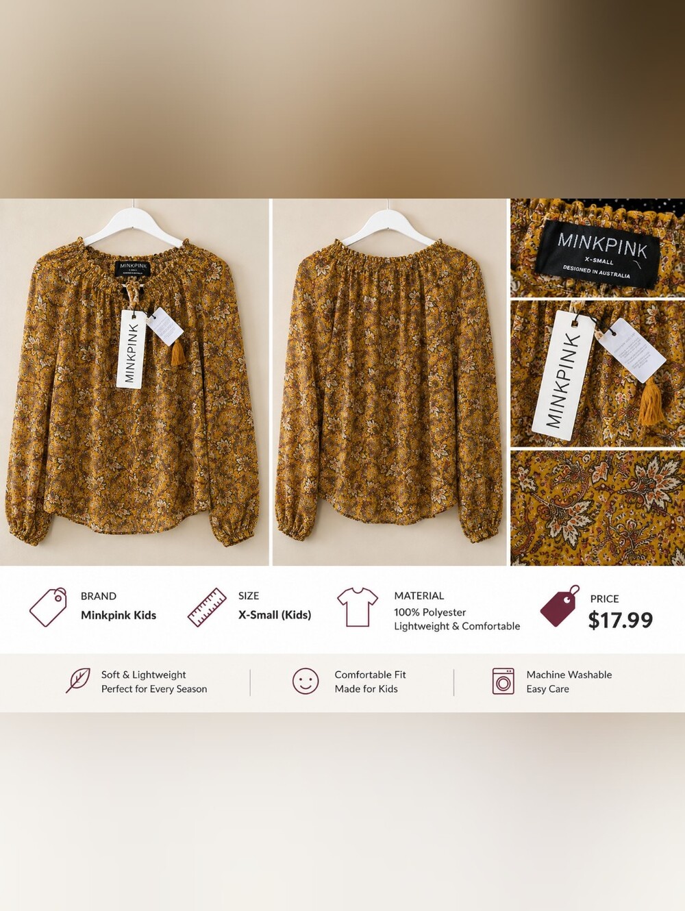 MINKPINK Mustard Floral Long-Sleeve Boho Blouse